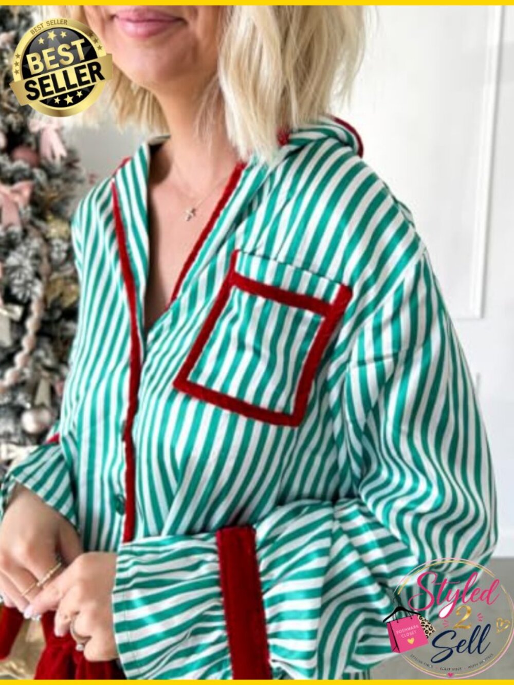 Cute Christmas Bow Tie Pajama Set Women Satin Long Sleeve 2 Piece Sleepwear - Picture 4 of 5